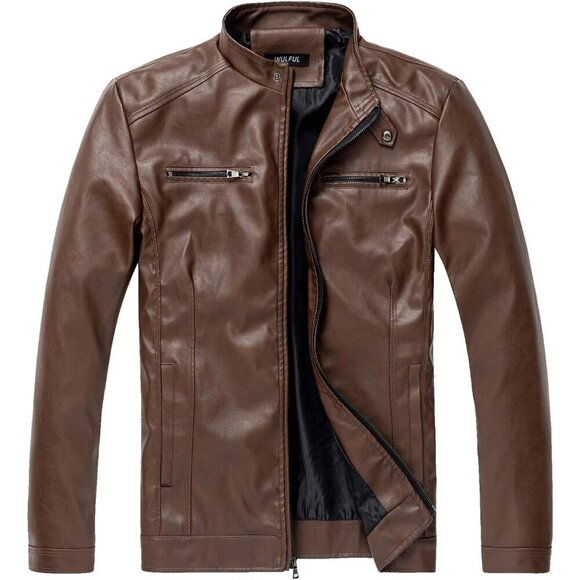🆕 Men Brown Stand Collar Leather Jacket Motorcycle Lightweight Faux Outwear - Picture 1 of 7